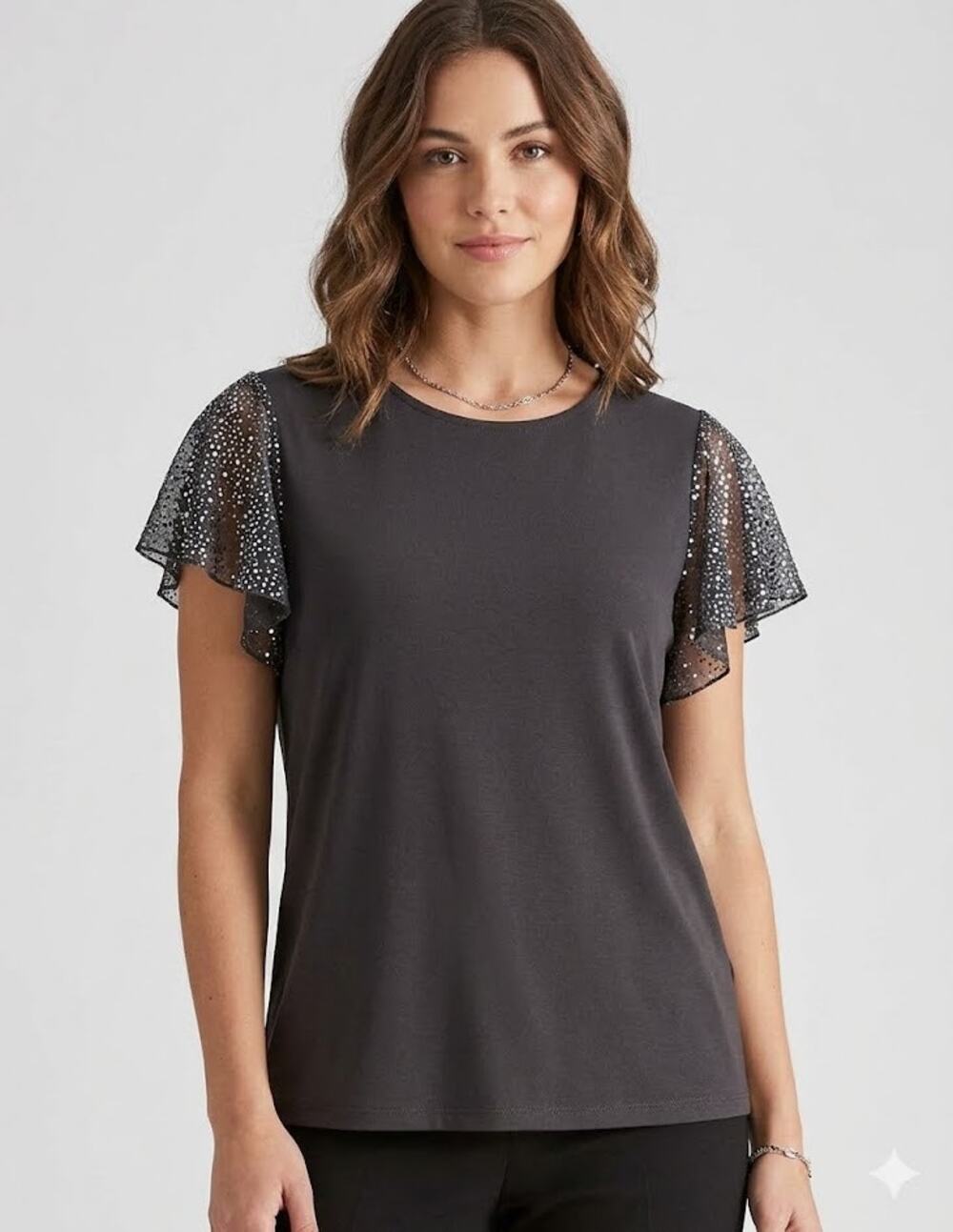 Annalee + Hope Embellished Flutter Sleeve Top Relaxed Womens Black Blouse Large